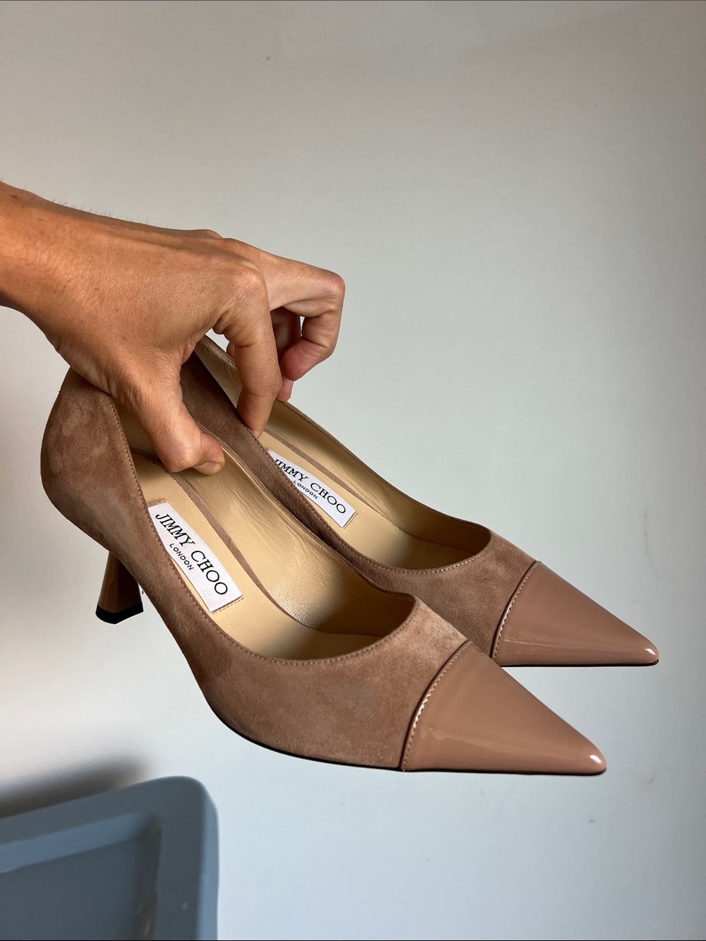 Jimmy Choo Nude and Taupe Pointed Toe Mid-Heel Pumps